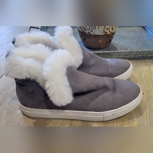 WOMENS GRAY FAUX FUR TOP ANKLE BOOTS 9.5